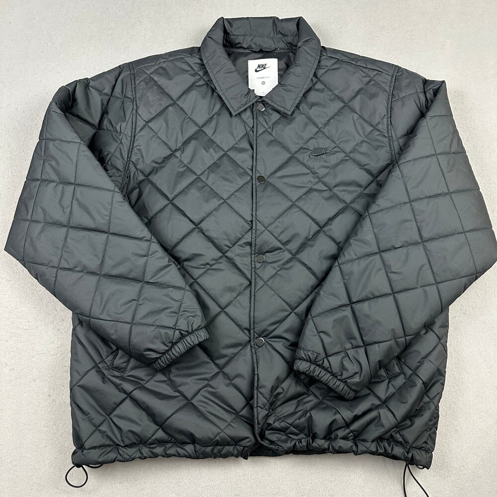 Nike Jacket Men Large Black Quilted Coaches Puffer Snap Insulated Therma Fit L